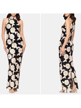 BETSY & ADAM - FLORAL SOUTACHE SHEATH GOWN BLACK/CHAMPAGNE